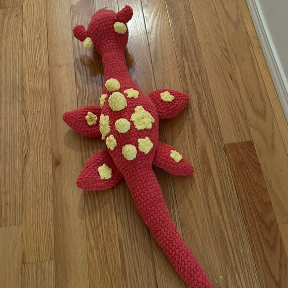 Handcrafted crocheted Pleiosaur in red and yellow 45" long - Picture 2 of 6